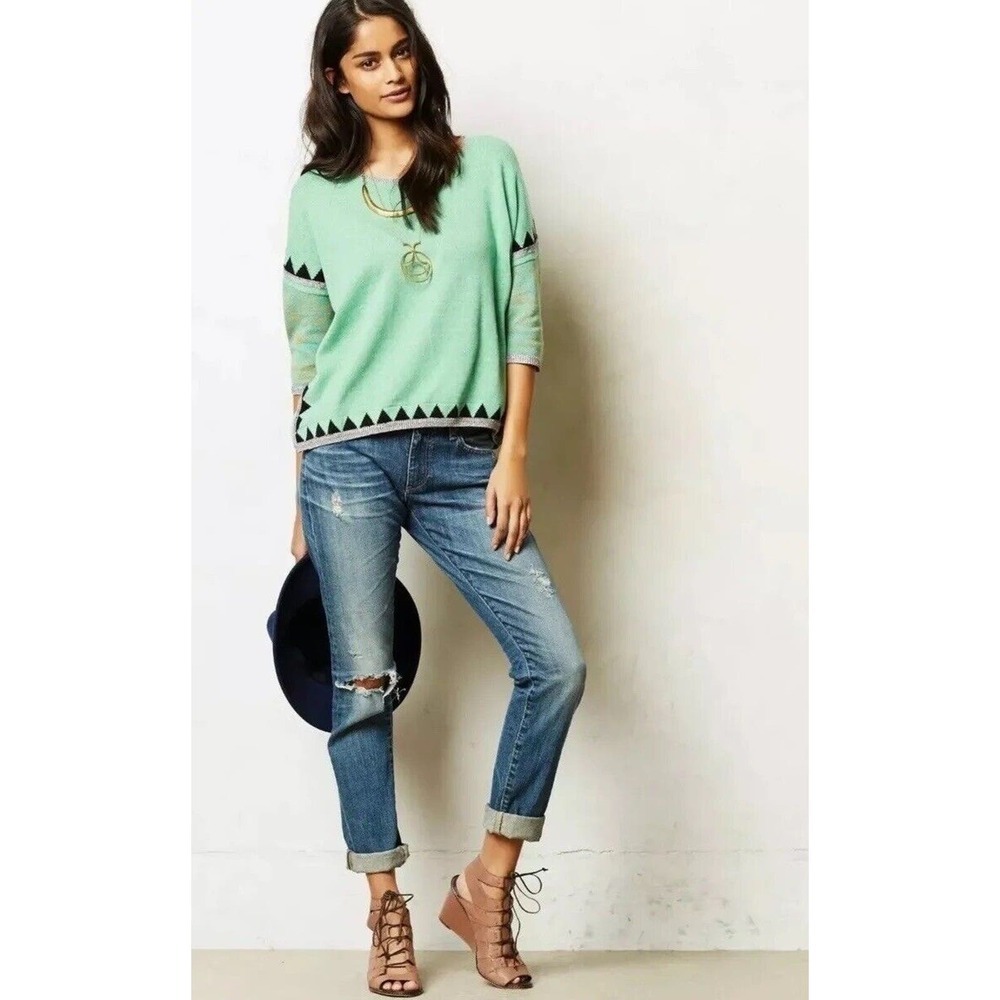 Paul & Joe‎ Womens Shimmer Pullover Sweater Green 3/4 Sleeve Boxy Size Medium